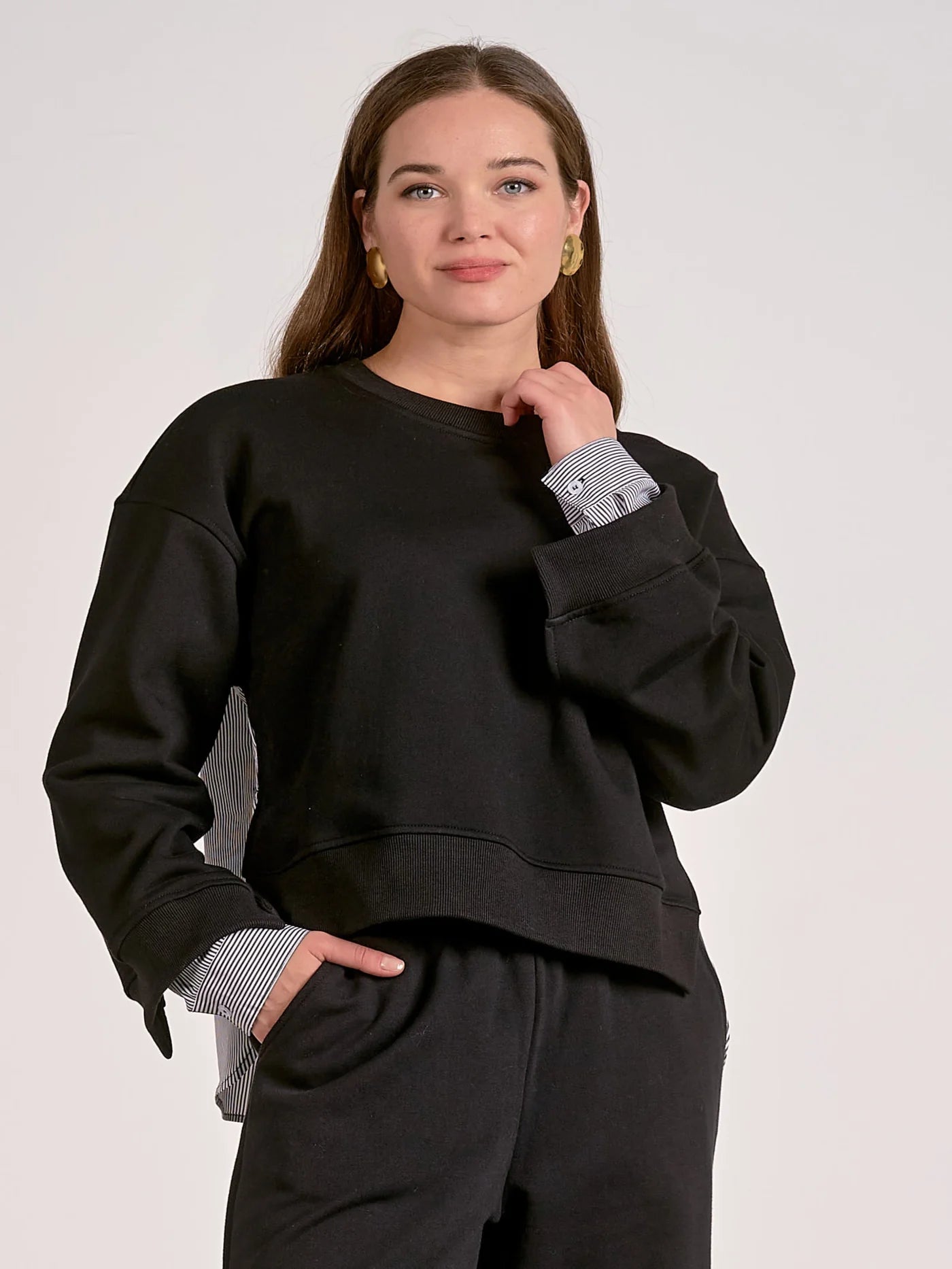 black mixed media top with stripe panel