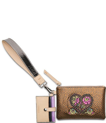 Mason Combi pouch consuela wallet, brown wristlet wallet, wristlet with heart design 