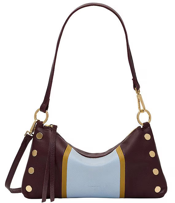 brown leather purse with blue detail