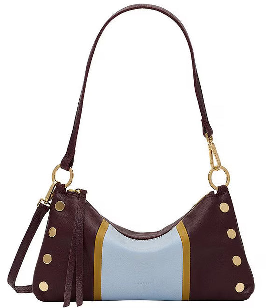 brown leather purse with blue detail