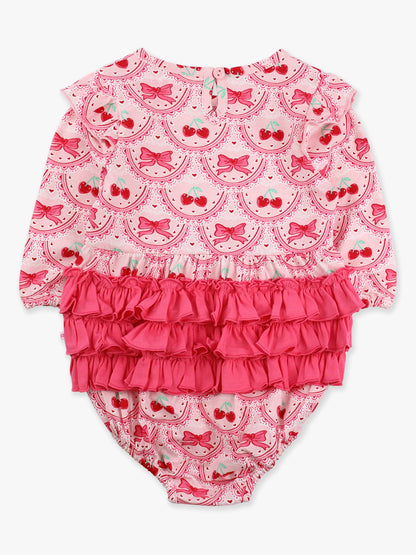 Romper Love You Cherry Much Knit Long Sleeve Flutter Bubble Baby Girls