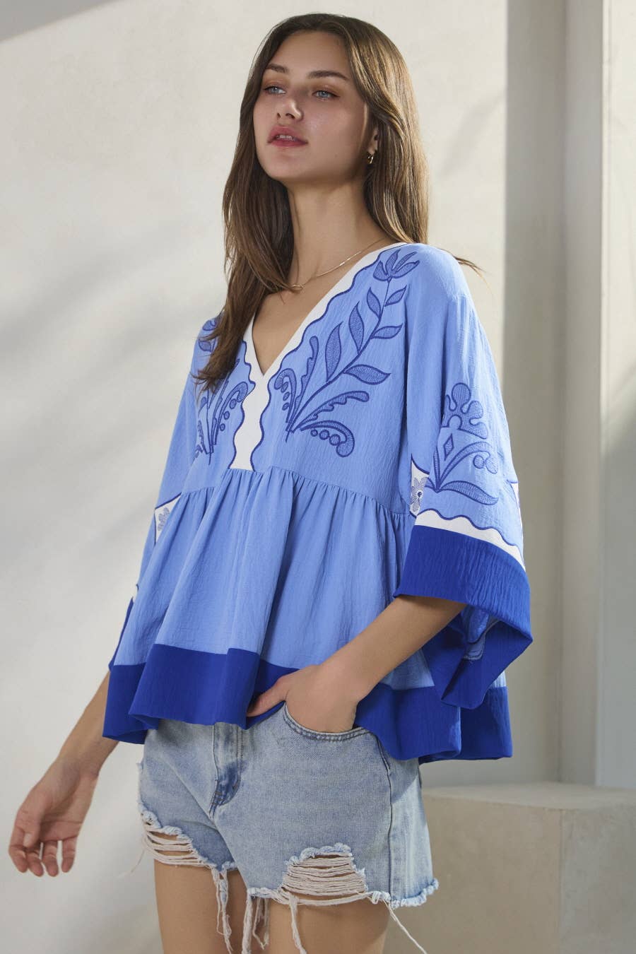 Top Embroidered Plunge V Neck Plus (Extended Size)