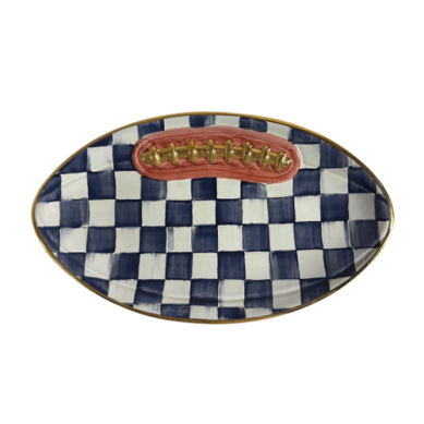 Mackenzie Childs Football Platter Indigo Check Ceramic