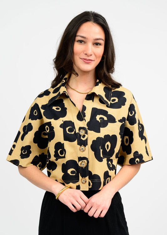 Ivy Jane cropped khaki top with black floral 