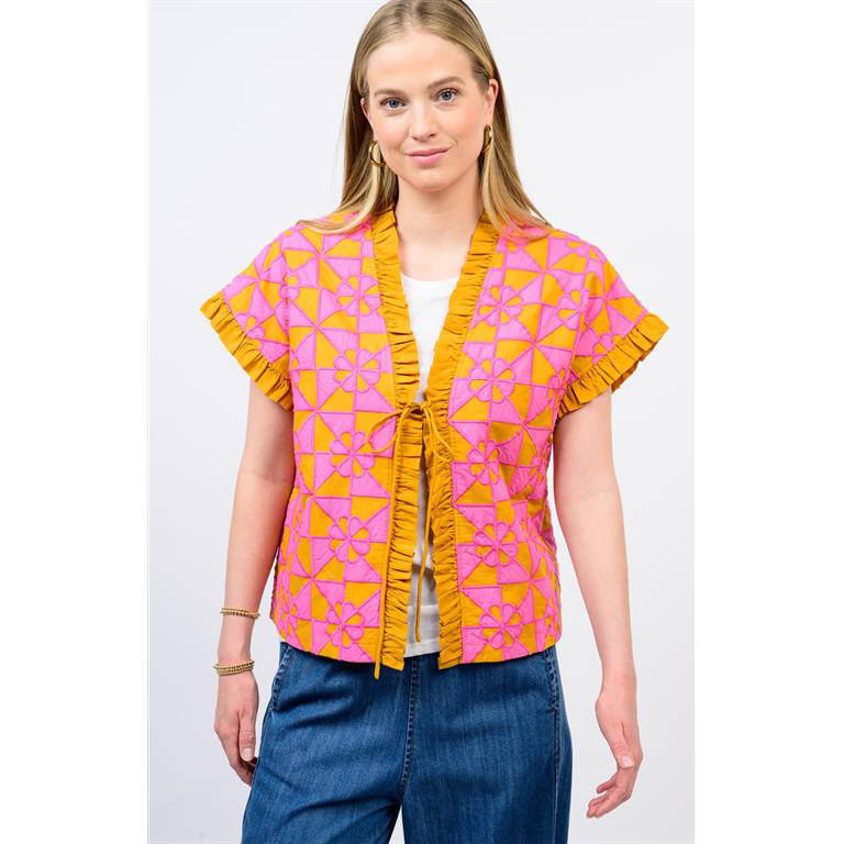pink and yellow top that ties 