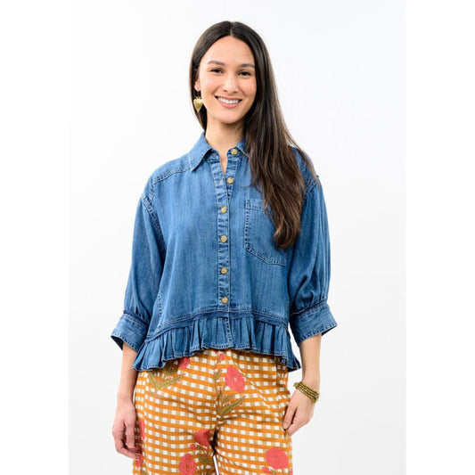 denim button down top with ruffle bottom