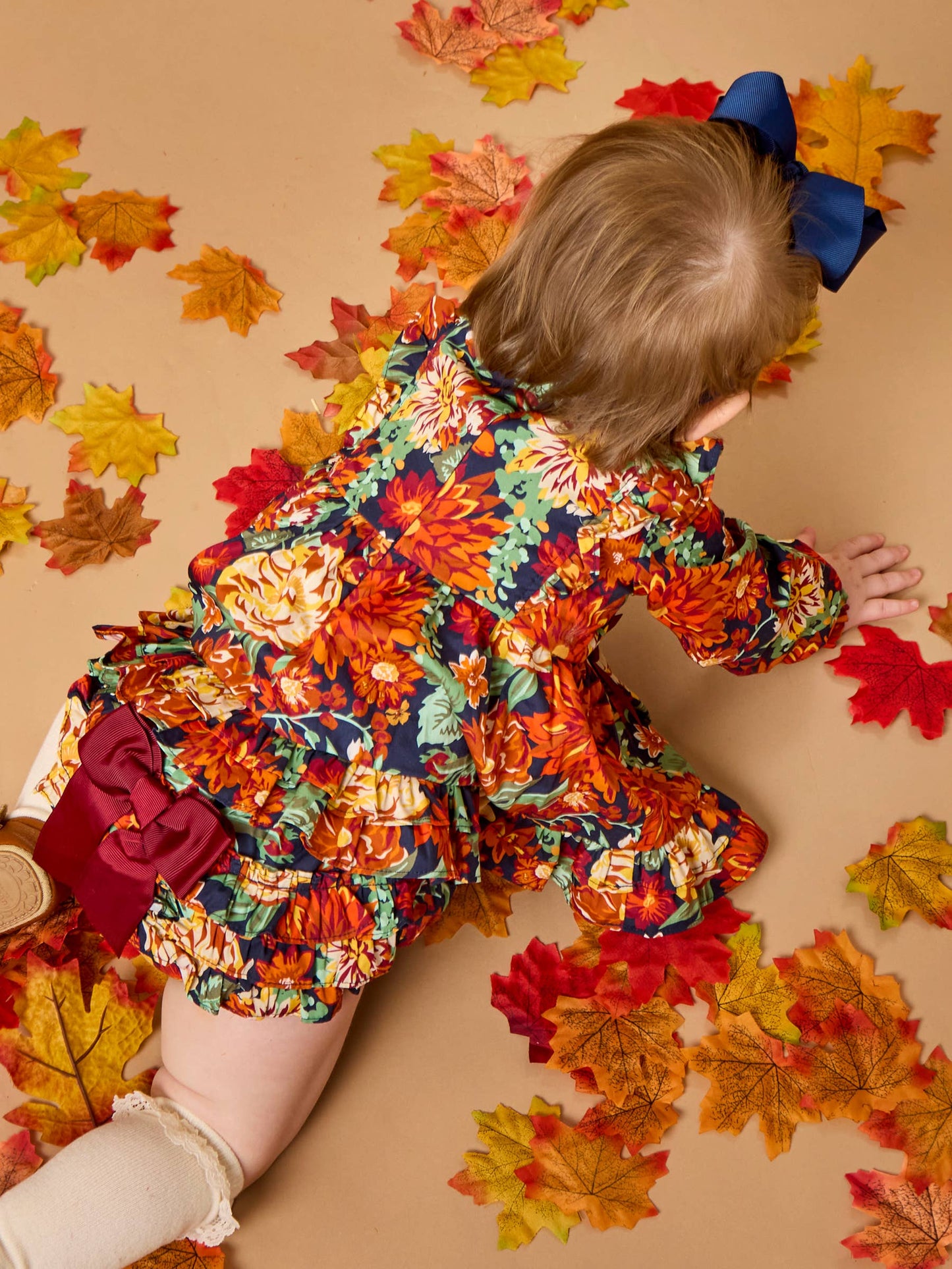 Top Bloomer Set Baby Autumn Blooms Woven Long Sleeve Waterfall Bow Swing Top & Ruffle Bloomer Girls