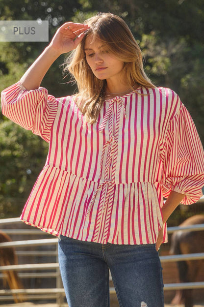 Blouse Plus Textured Striped Front Tie