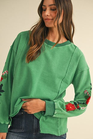 MISTLETOE EMBROIDERED KNIT TOP