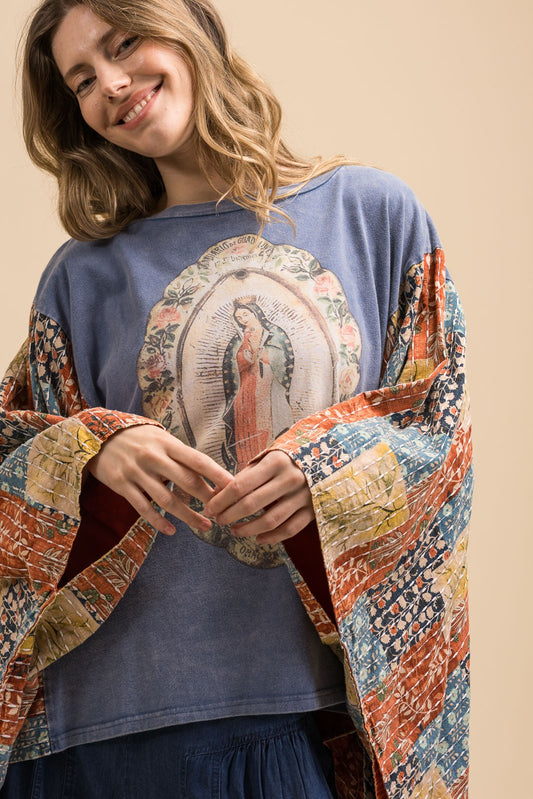 Top Virgin Mary Print Kantha Poncho