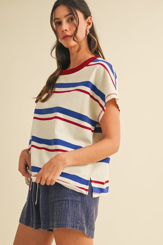 TOP 4th Of July Striped Multi French Terry Pullover