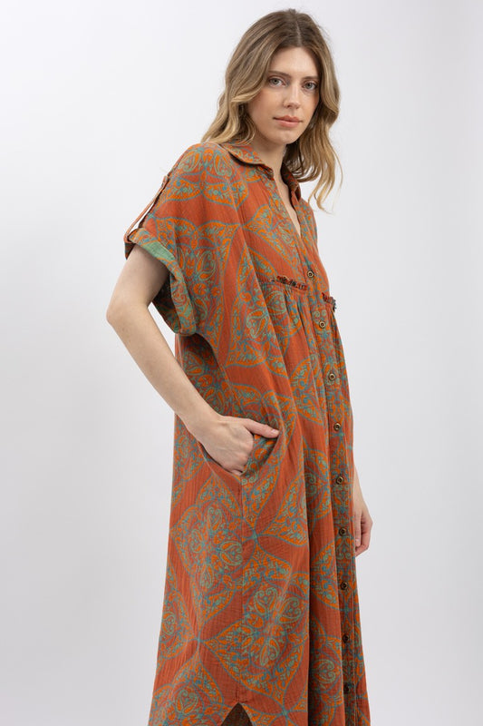 Dress Button Up Short Sleeve Midi Shirtdress