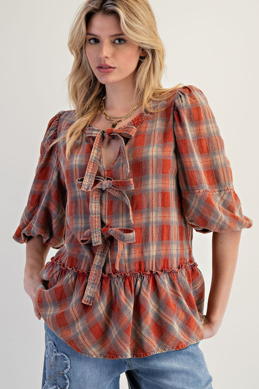 BLOUSE PLAID TIE-FRONT PEPLUM