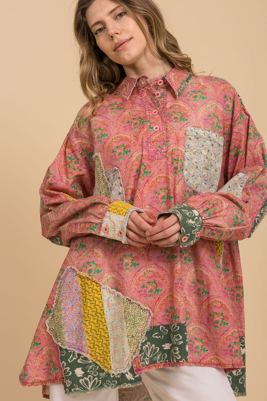 Top Floral Print Mix Patchwork Half Button Shirt