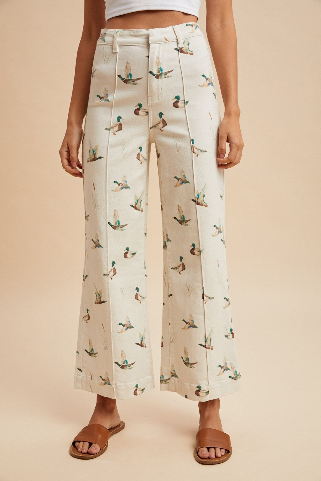 PANTS Mallard Printed Stretch Denim Wide Leg Jeans Ivory
