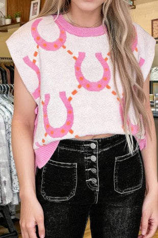 Tee Horseshoes Contrast Trim Sweater Western