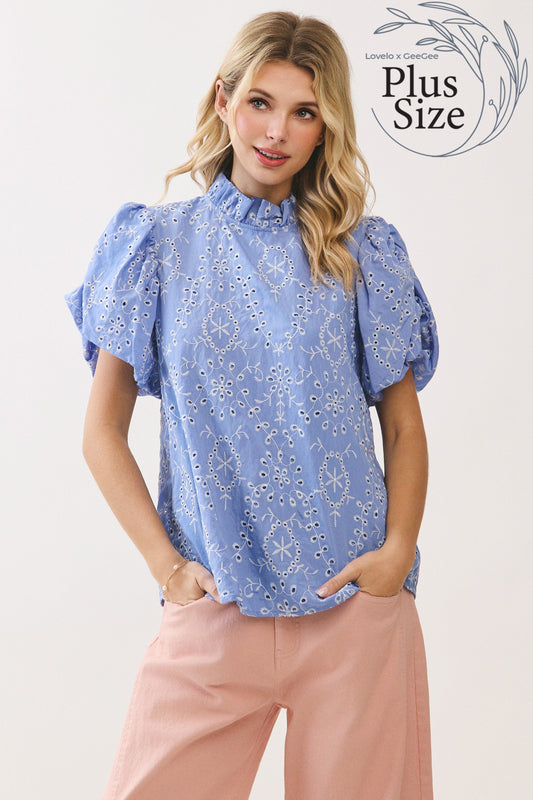 Top Eyelet Embroidered Puff Sleeve Plus Size
