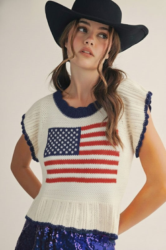 Sweater Top 4th Of July American Flag Knit