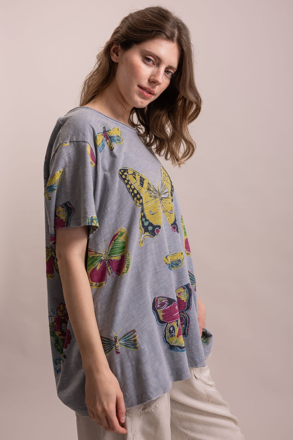 Top Butterfly Print Short Sleeve Round Neck Oversized Shirt