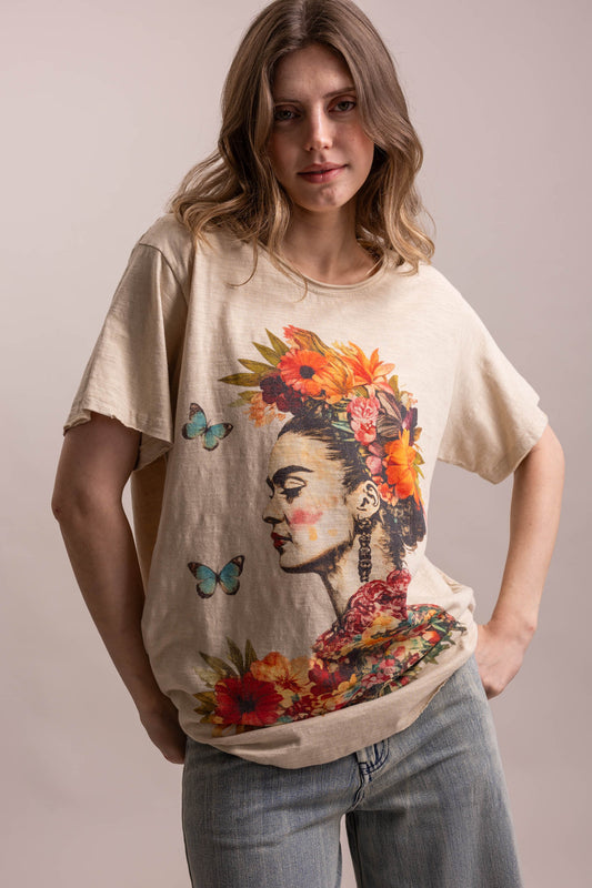 Top FRIDA kAHLO Floral Portrait Graphic Short Sleeve T Shirt