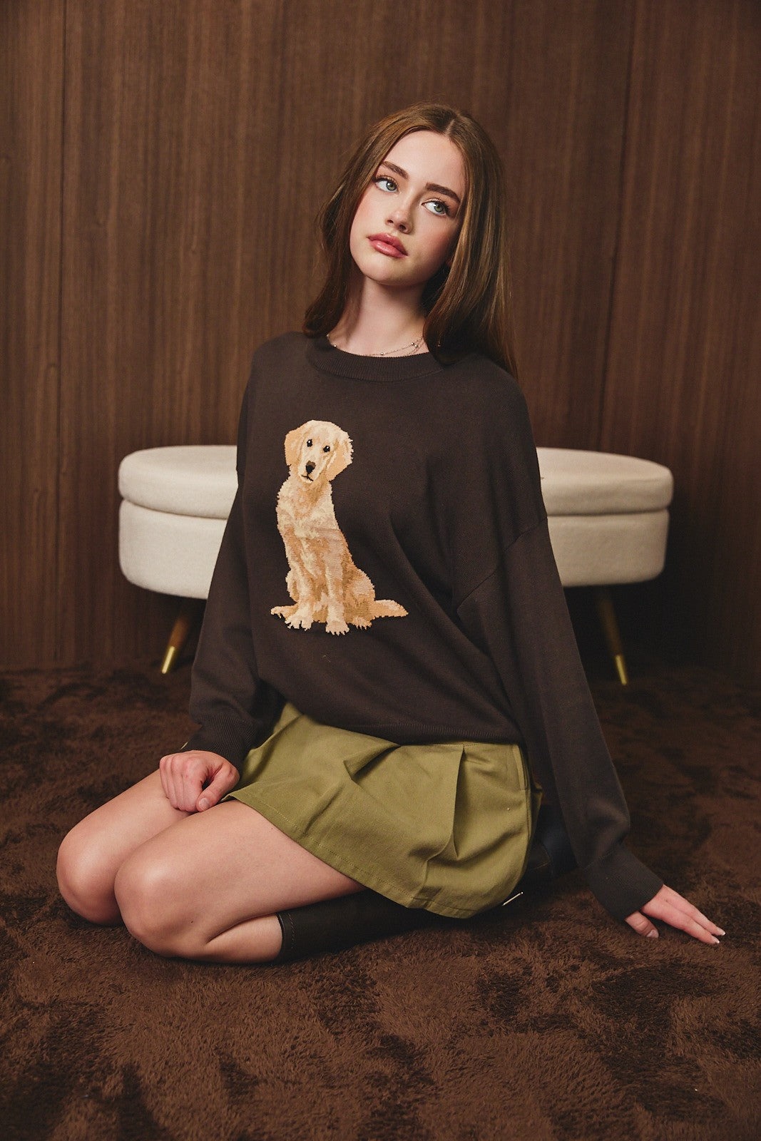 Sweater Golden Retriever Dog Graphic Crew Neck Oversized bROWN