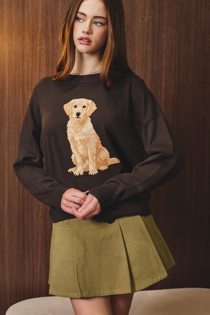 Sweater Golden Retriever Dog Graphic Crew Neck Oversized bROWN