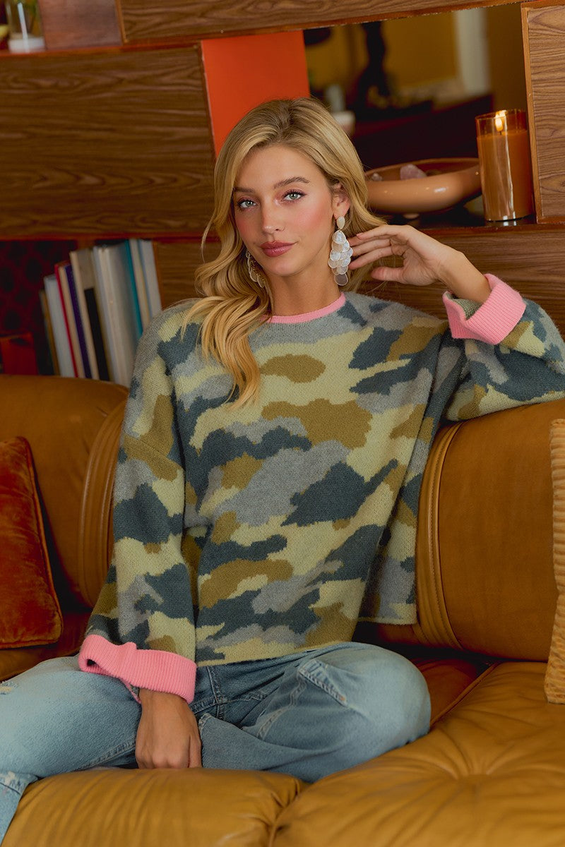 Top Neck & Roll Up Soft Camo Contrast Sweater Camo / Pink