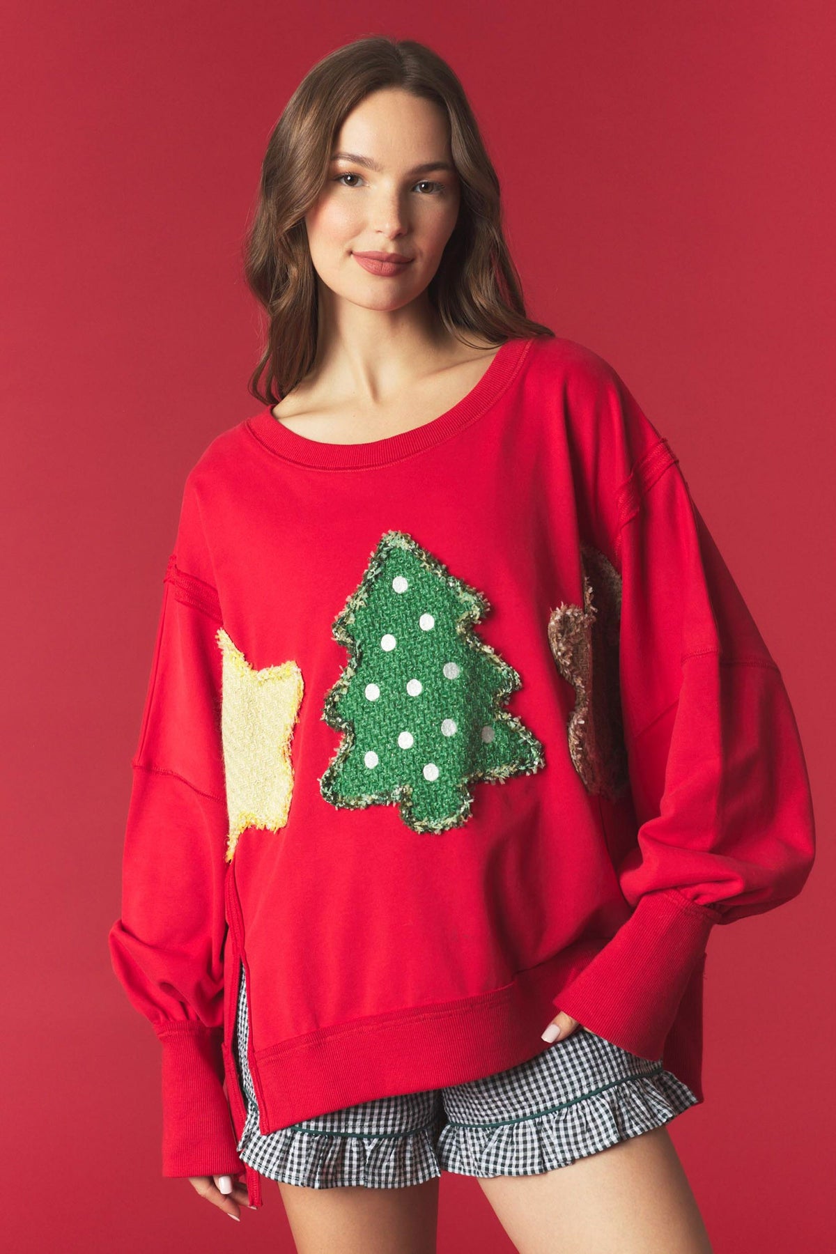 Sweatshirt Christmas Tree Patch Tweed Red