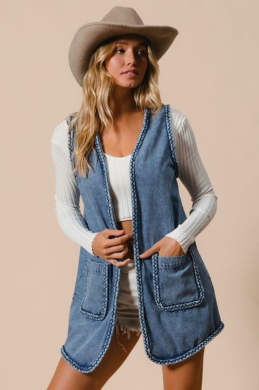OPEN VEST WASHED BRAIDED EDGE
