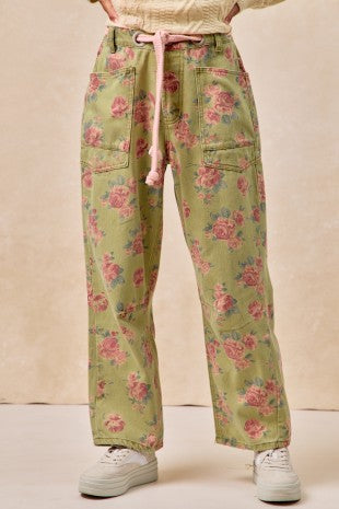 PANT FLORAL PRINT  BRAIDED WAIST BELT PATCH POCKETS