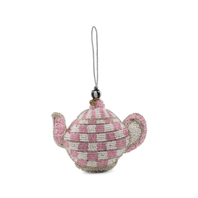 Mackenzie-Childs Ornament Teapot Rosy Check Beaded