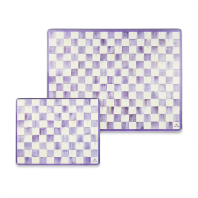 violet check glass cutting board set by Mackenzie Childs 
