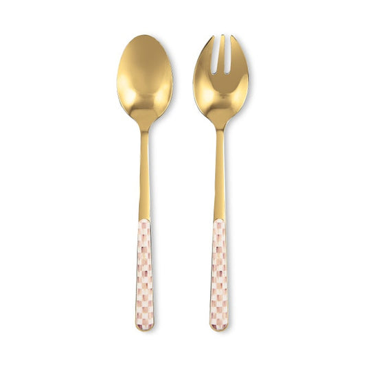 gold Mackenzie childs mocha check serving spoon and fork 