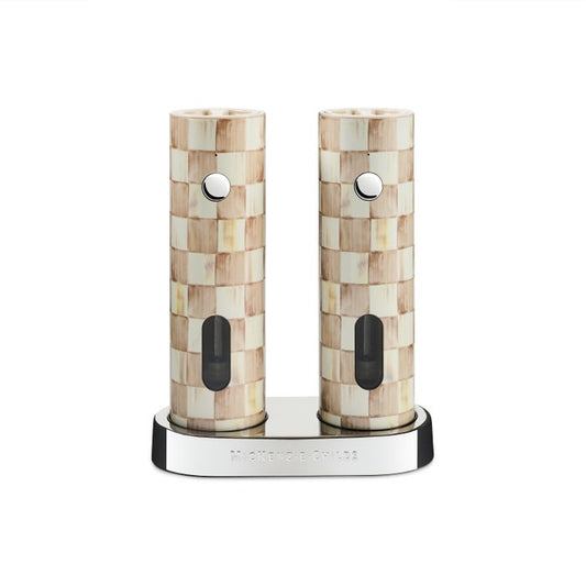 Mackenzie-Childs Salt & Pepper Electric Grinder Set Mocha Check