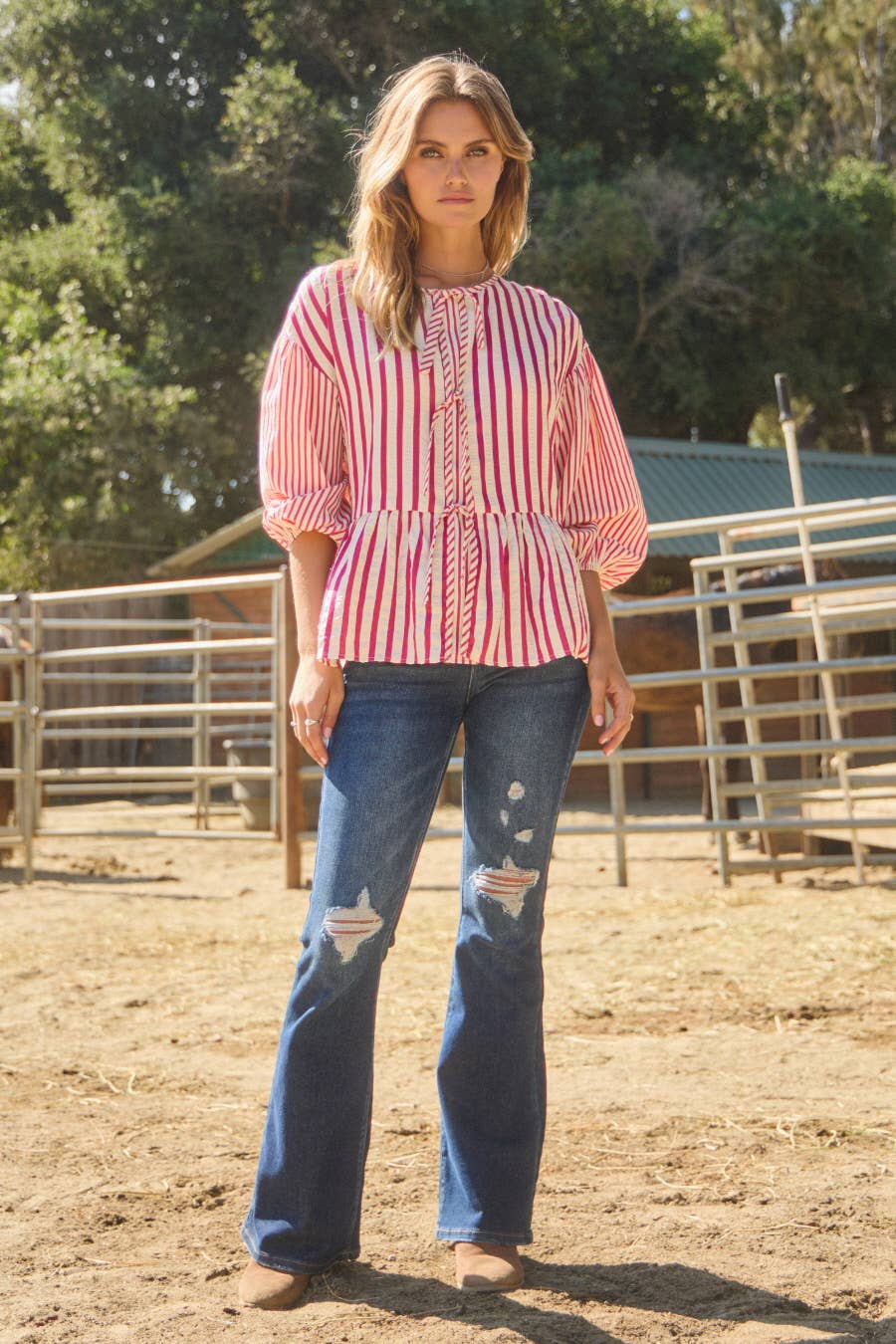 Blouse Plus Textured Striped Front Tie