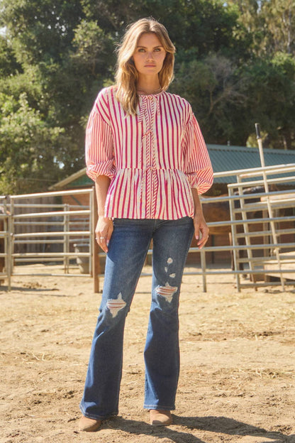 Blouse Plus Textured Striped Front Tie