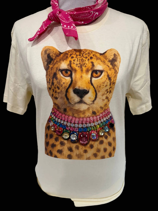 Tee Leopard Jeweled Collar Natural Crew