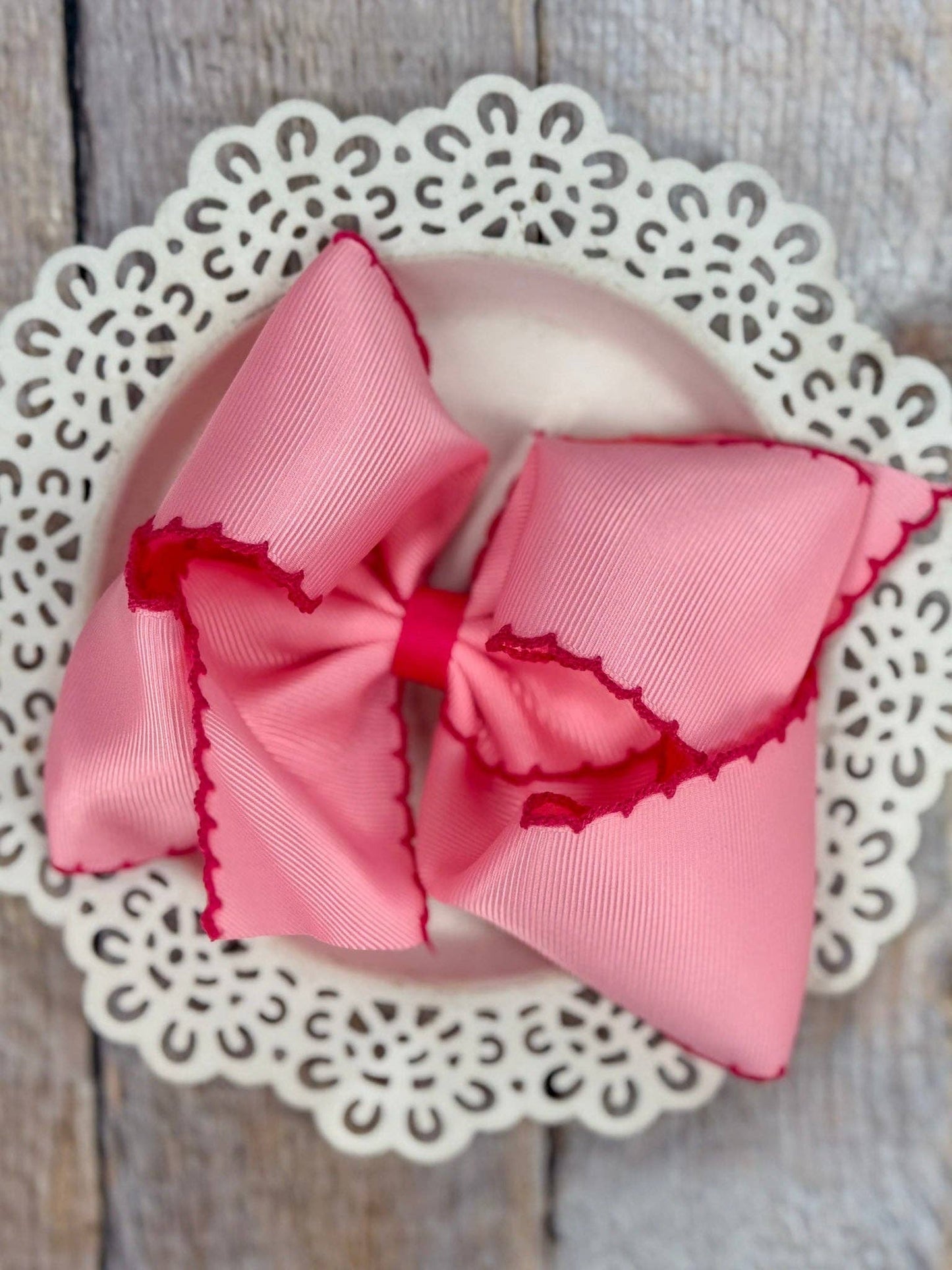 Hair Bow Pink Grosgrain with Hot Pink Moonstitch
