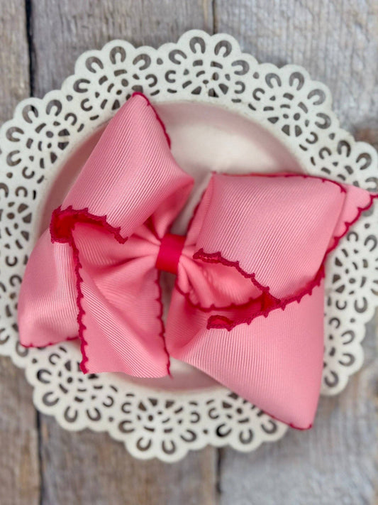 Hair Bow Pink Grosgrain with Hot Pink Moonstitch