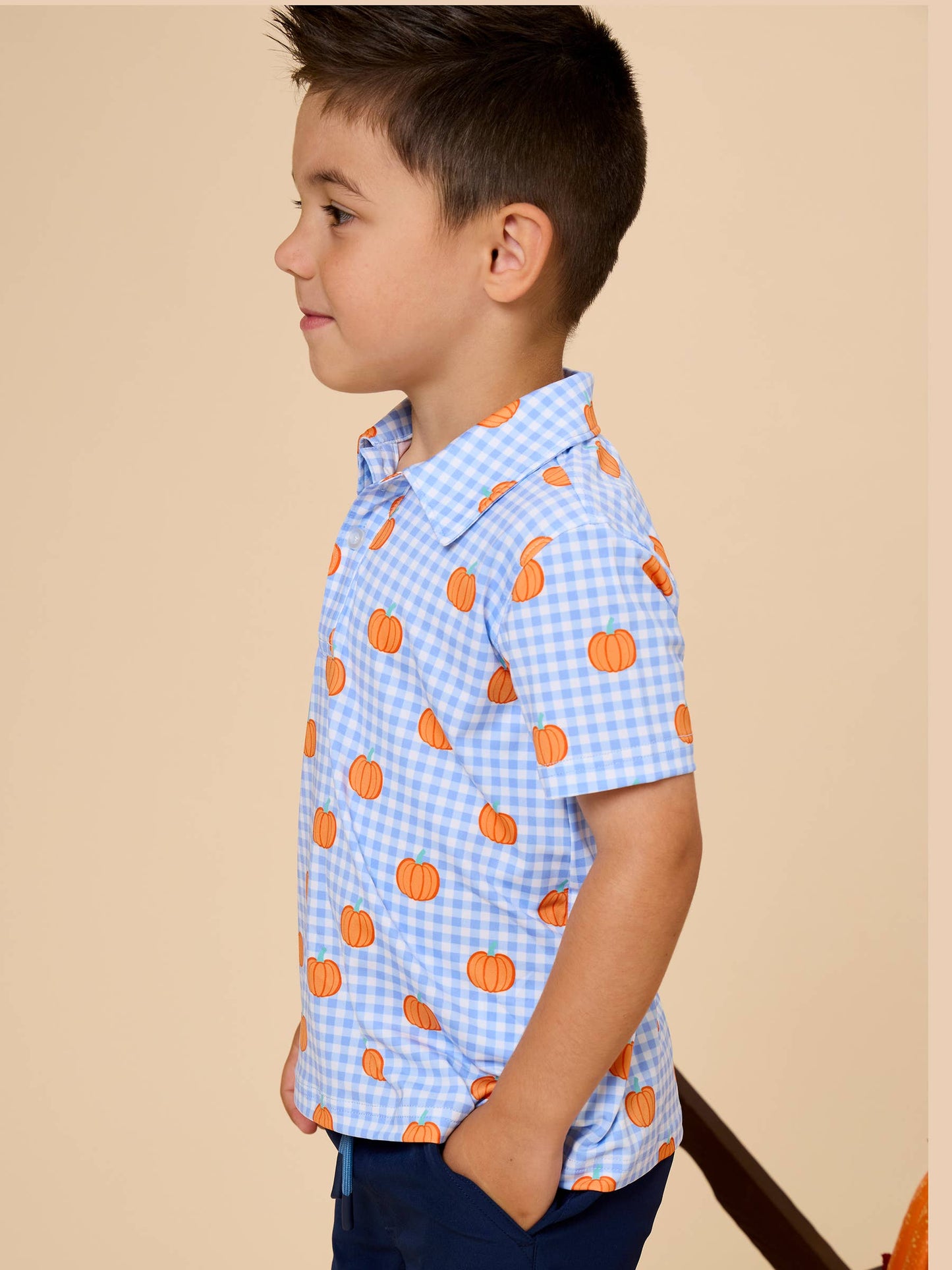Polo Top Pumpkin Patch Gingham Knit Short Sleeve Performance Boys