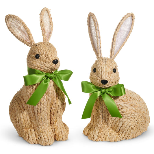 Bunny Natural Woven Green Bow 13.5"