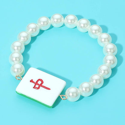 Bracelet Mahjong Tile Accent Pearl Beaded Stretch