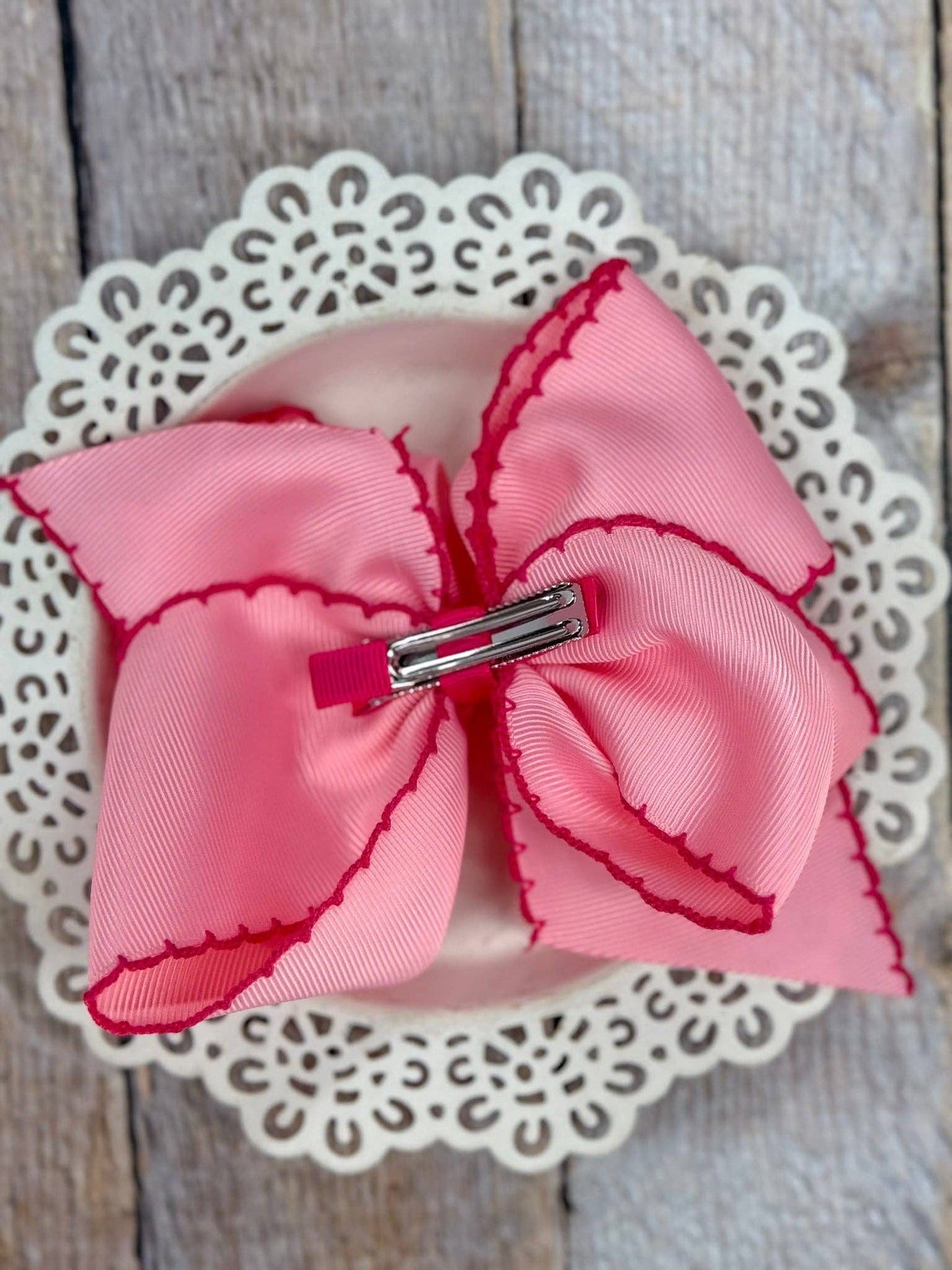 Hair Bow Pink Grosgrain with Hot Pink Moonstitch