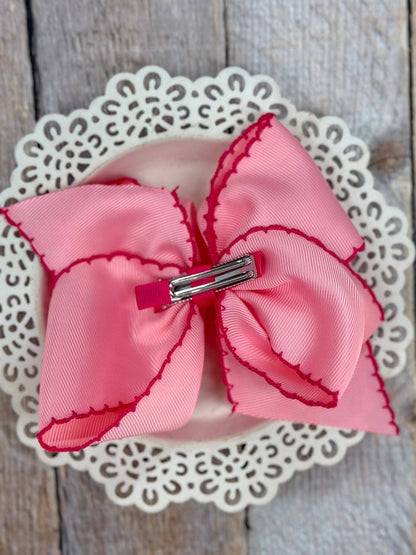 Hair Bow Pink Grosgrain with Hot Pink Moonstitch