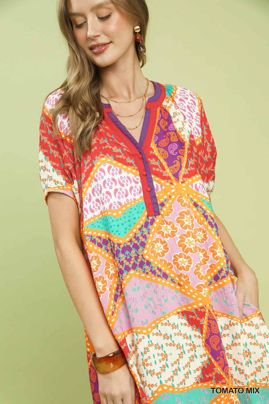 DRESS Patchwork Print Split Neck Midi