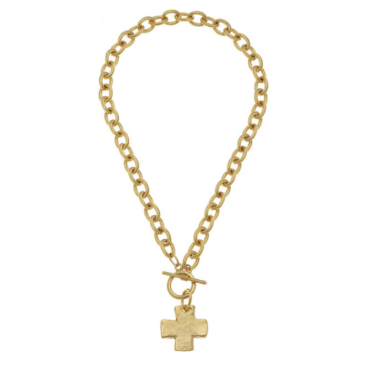 Necklace Cross Gold Front Toggle Handcast 16"