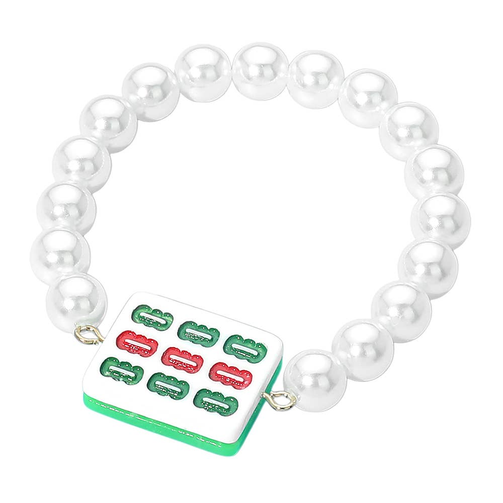 Bracelet Mahjong Tile Accent Pearl Beaded Stretch