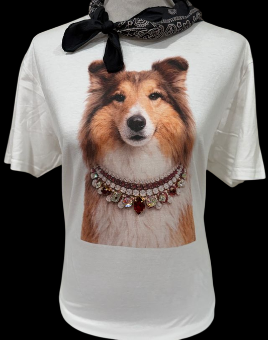 Tee Collie Jeweled Collar on White Crew
