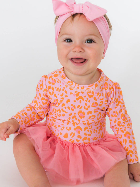 Swimsuit Pink Leopard Tulle Skirted One Piece Rash Guard Baby Girls