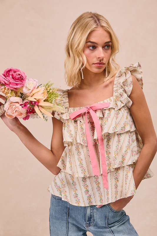 TOP FLORAL RUFFLED TIE BOW FRONT